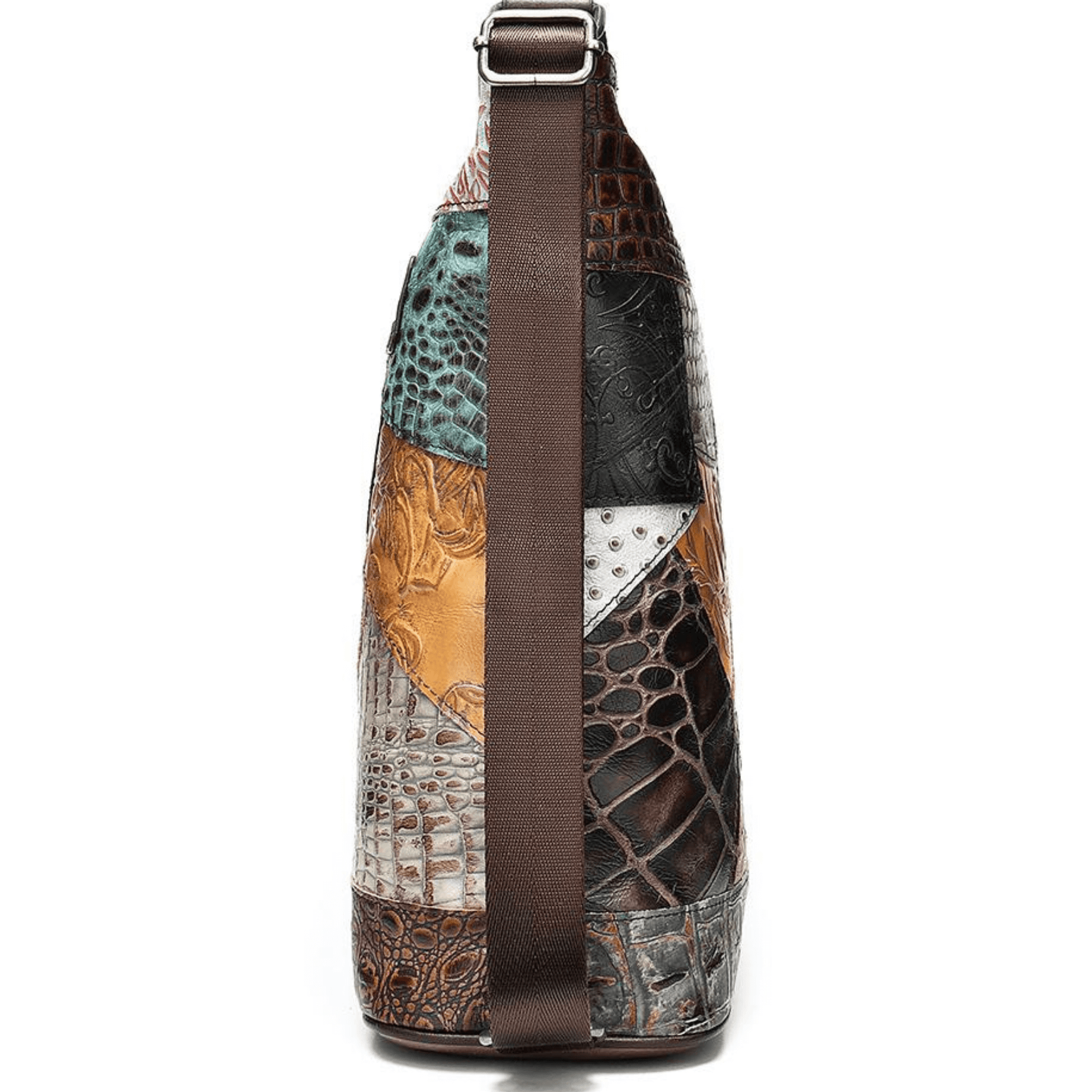 Full grain genuine leather bag featuring multicoloured patchwork and a side strap design.