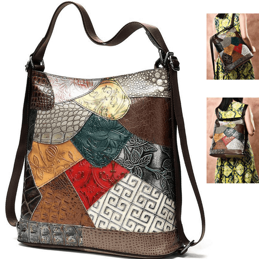 Multicoloured full grain leather shoulder bag with side backpack straps, showcasing a stylish patchwork design.