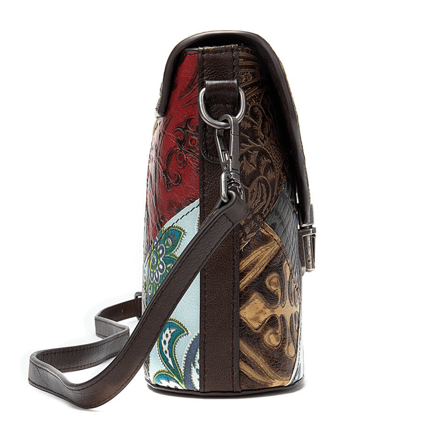 Side view of a multi-coloured full grain leather compact shoulder purse with stylish strap.