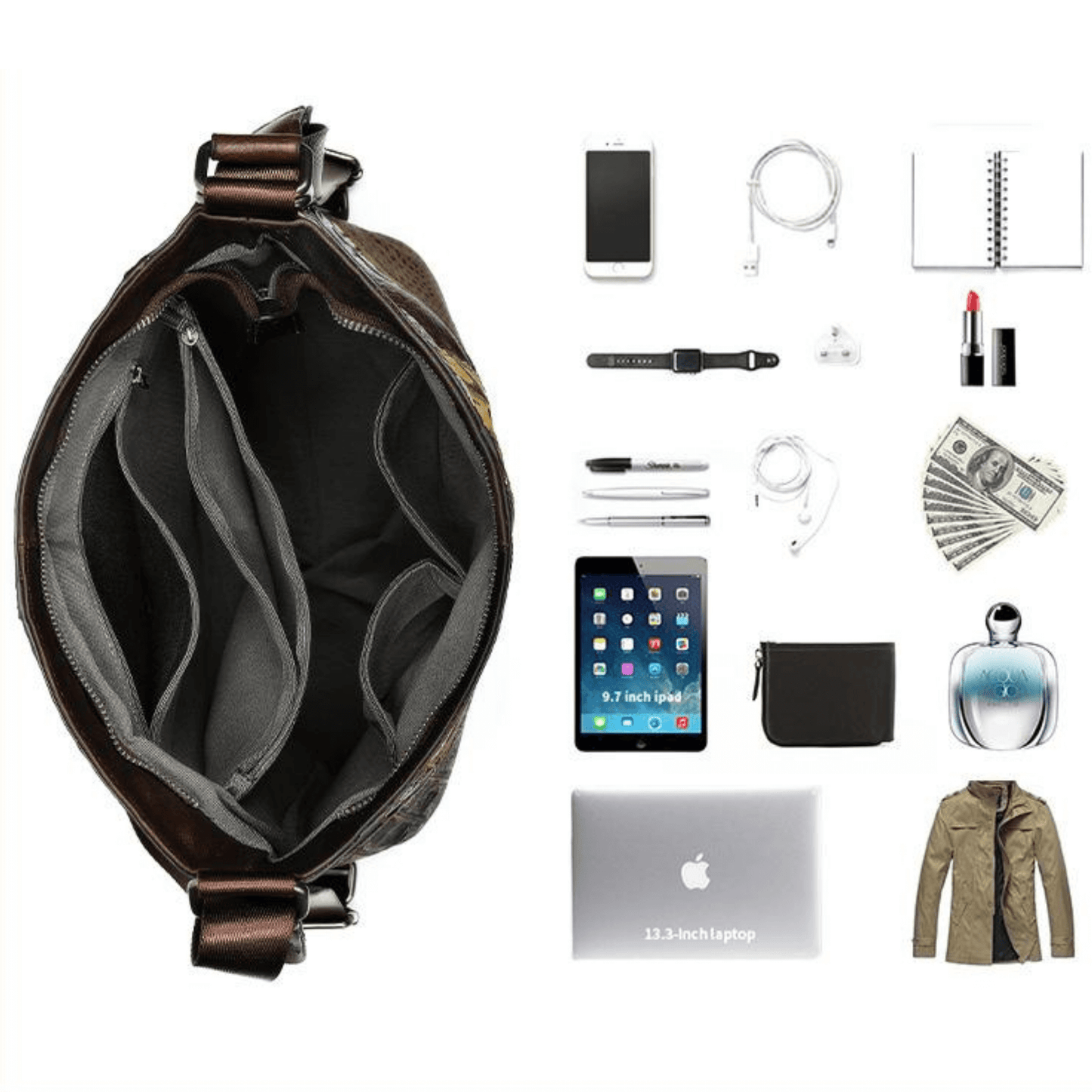 Interior of a full grain leather bag with pockets, featuring smartphone, tablet, notebook, and other everyday items.