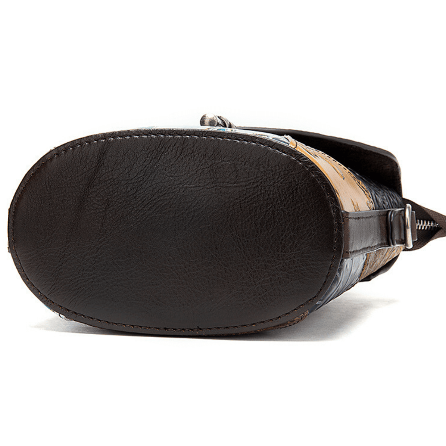 Bottom view of a compact multi-coloured full grain leather shoulder purse showcasing its premium craftsmanship.