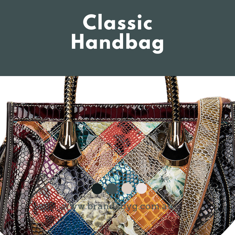 Classic handbag featuring a patchwork design in vibrant colors and stylish metallic details.