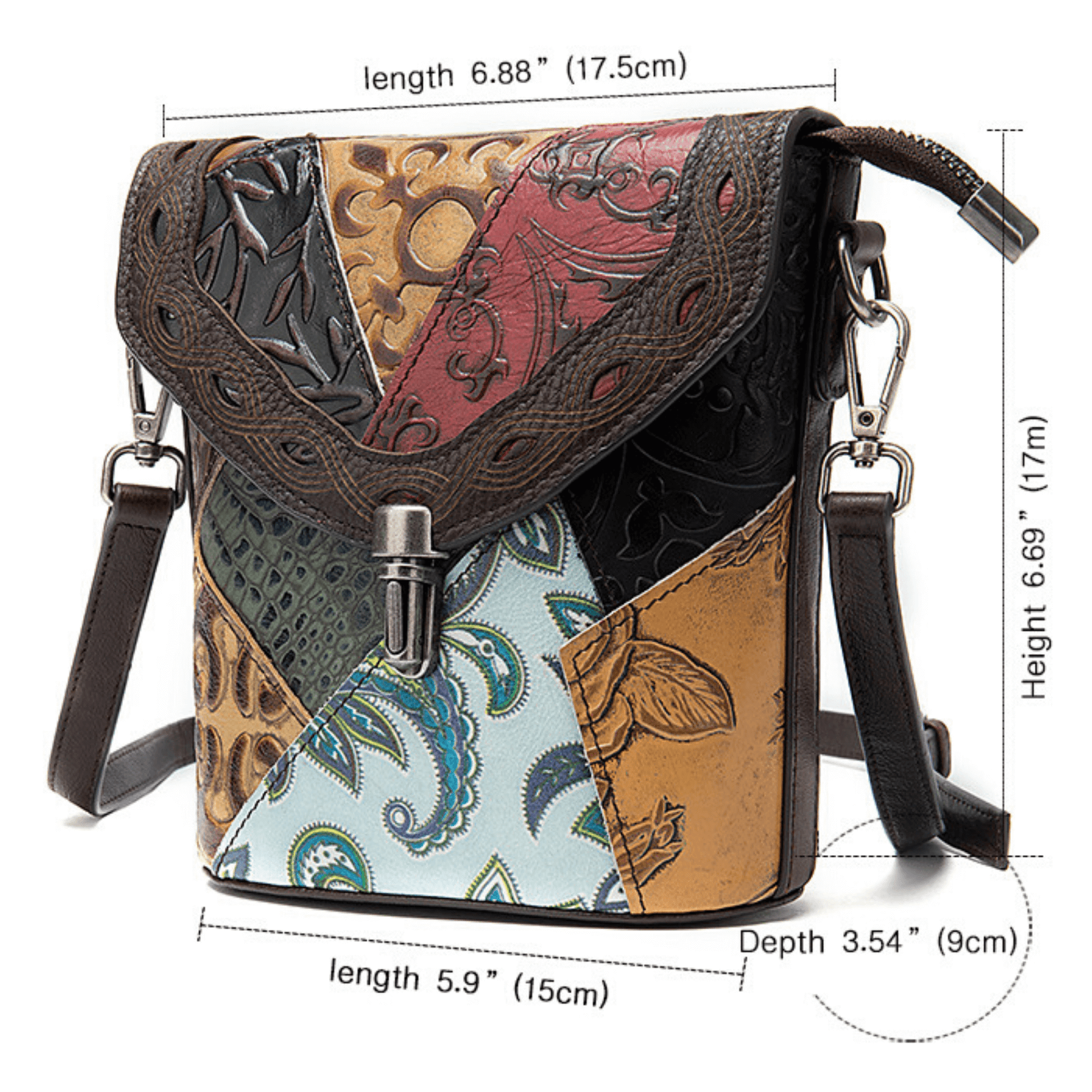 Multi-colored full grain genuine leather compact shoulder purse with dimensions and stylish design.