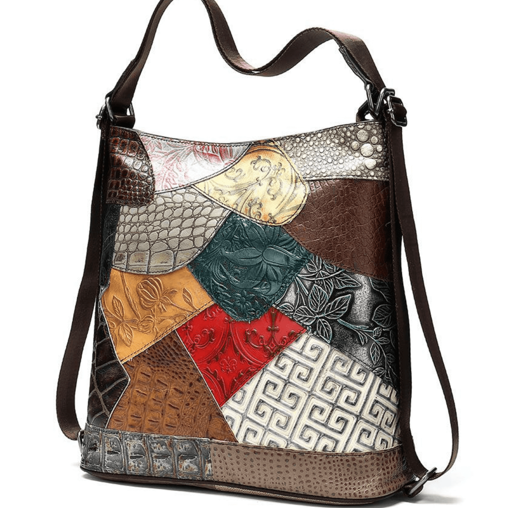 Multicoloured full grain genuine leather bag with side backpack straps, featuring patchwork design and adjustable shoulder strap.