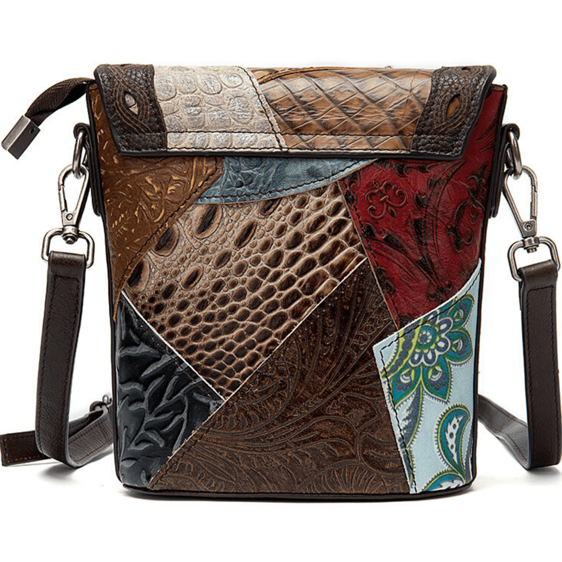 Multi-coloured full grain leather compact shoulder purse with intricate patterns and crossbody strap.