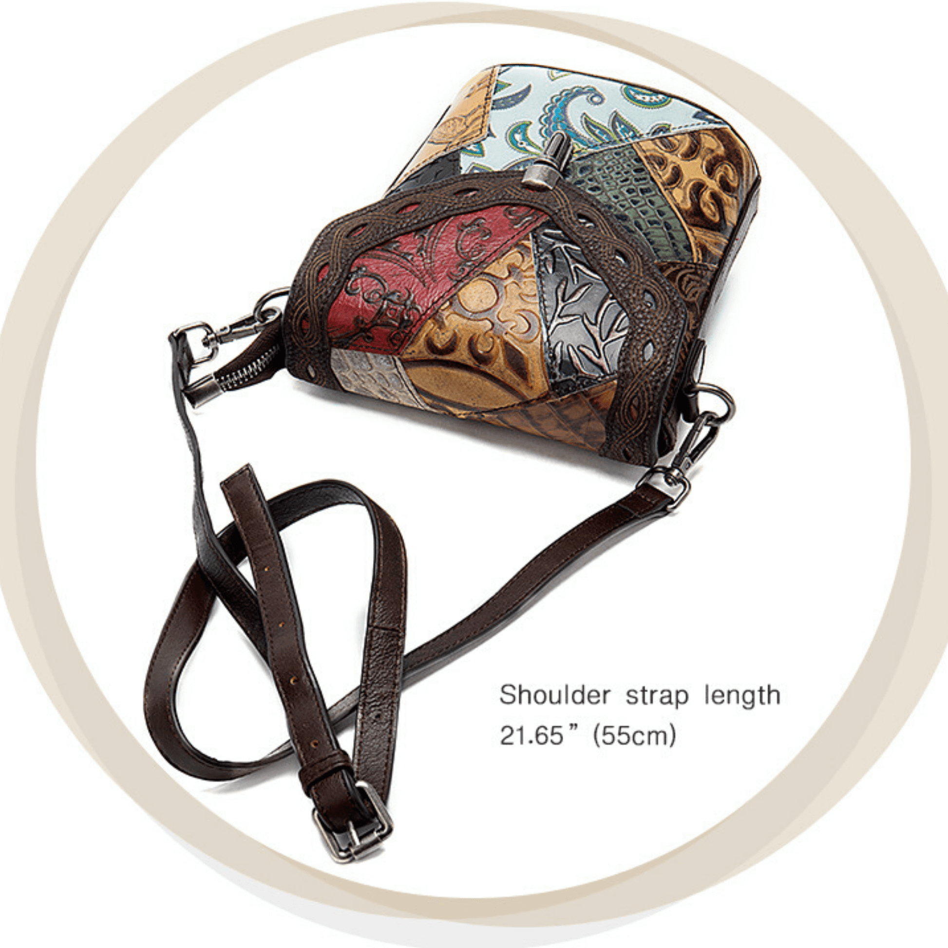 Full grain leather compact shoulder purse in multi colors with 21.65" strap, ideal for stylish convenience.