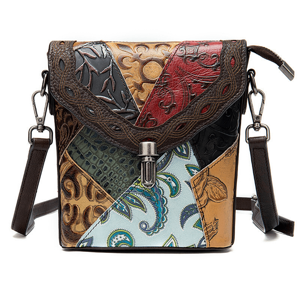 Full grain genuine leather compact shoulder purse in multi-coloured patchwork design with secure clip closure.