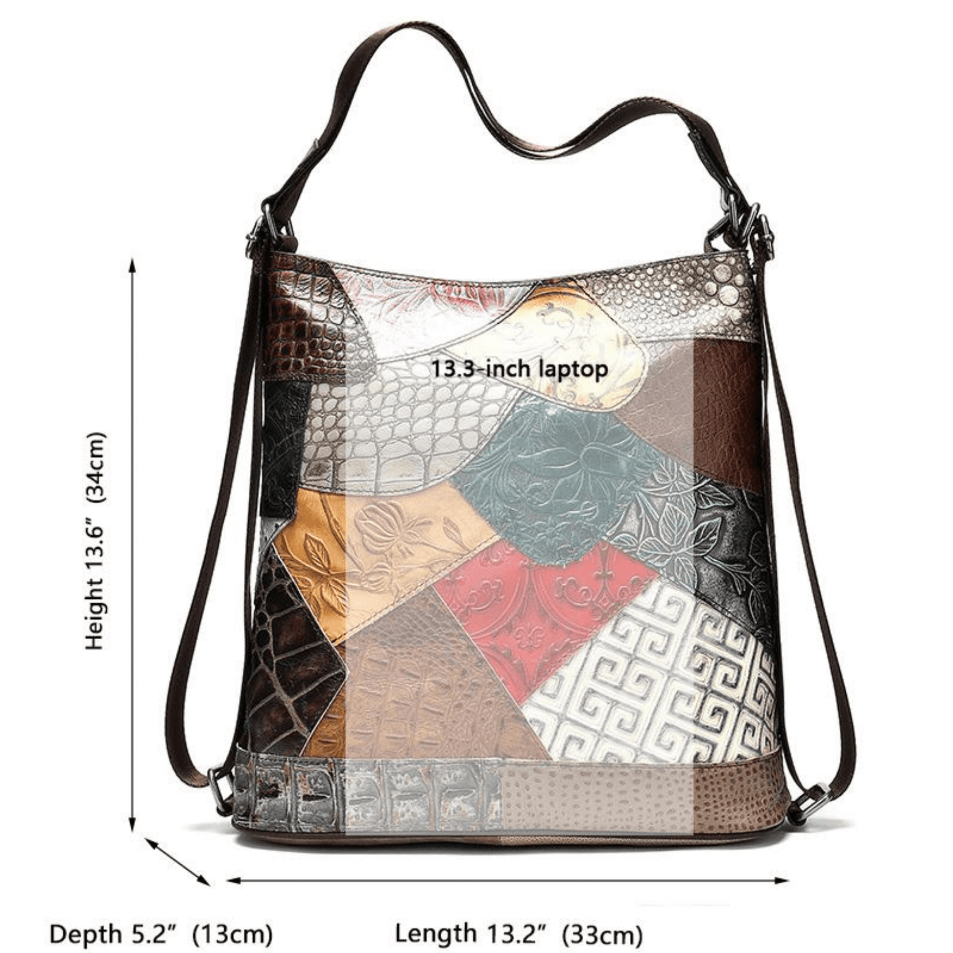 Multicoloured full grain leather bag dimensions 13.6" height, 13.2" length, 5.2" depth, suitable for 13.3" laptop.
