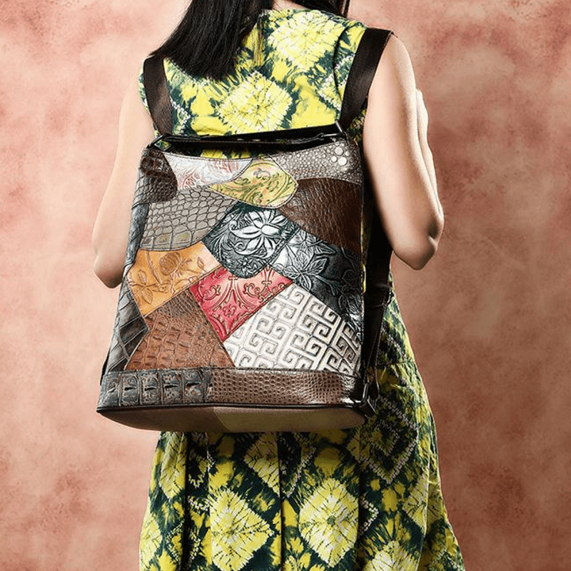 Stylish multicoloured full grain leather bag used as a backpack with unique patchwork design.