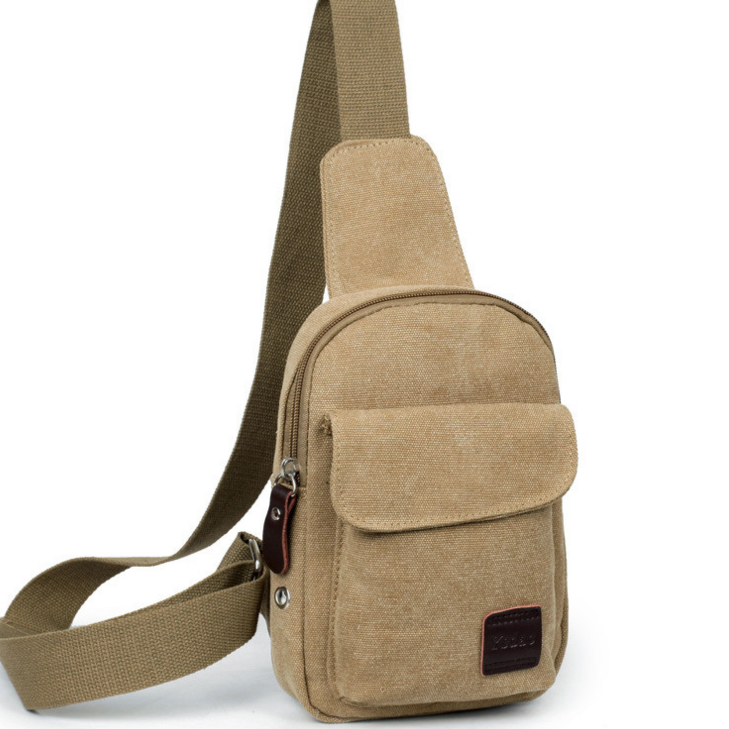 Stylish canvas messenger travel sling chest bag in beige for men or women with adjustable strap and multiple compartments.