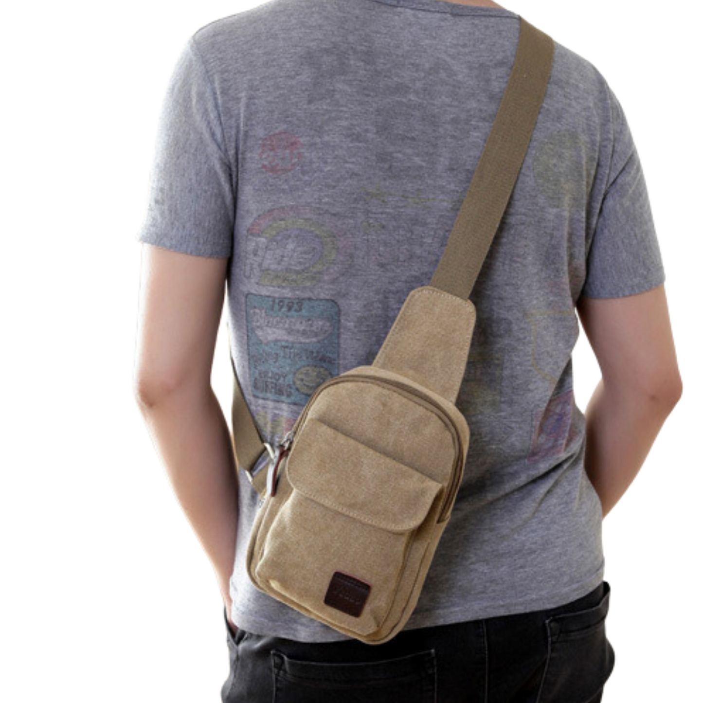 Stylish canvas messenger travel sling chest bag on a person, ideal for men and women, available in multiple colors.