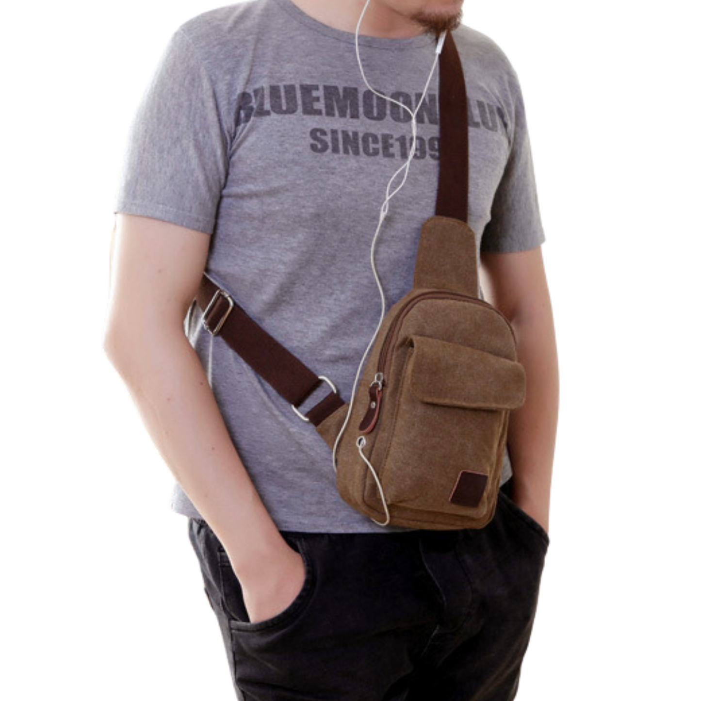 Stylish canvas messenger sling chest bag worn by a man, perfect for travel and everyday use.