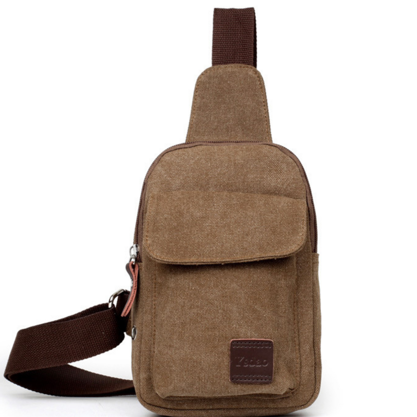 Canvas messenger travel sling chest bag for men and women in brown color with adjustable strap.
