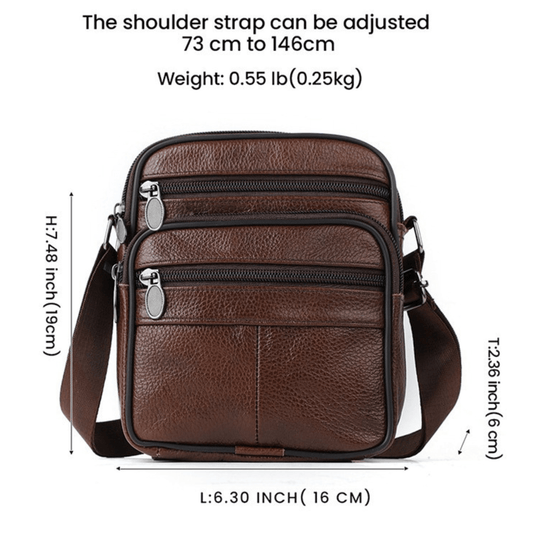 Brown leather messenger bag with adjustable strap and multiple zippered compartments.