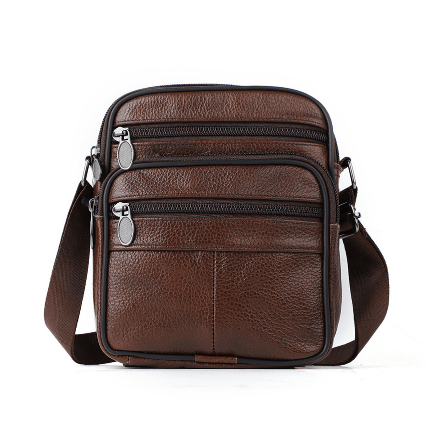 Brown leather cross body shoulder bag with multiple zippers, ideal for daily use, suitable for men and women.