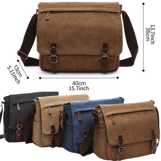 Large and Extra Large Canvas Cross Body Messenger Satchel bags in brown, black, navy, and blue for travel.