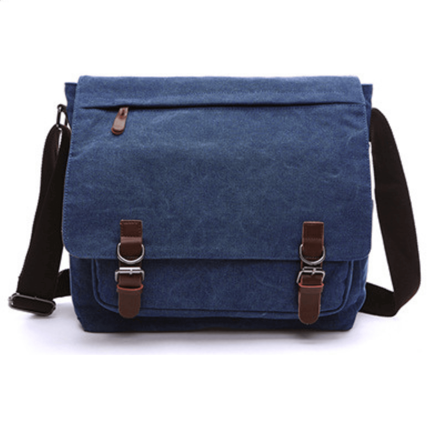 Large blue canvas crossbody messenger satchel with two buckles and adjustable strap.