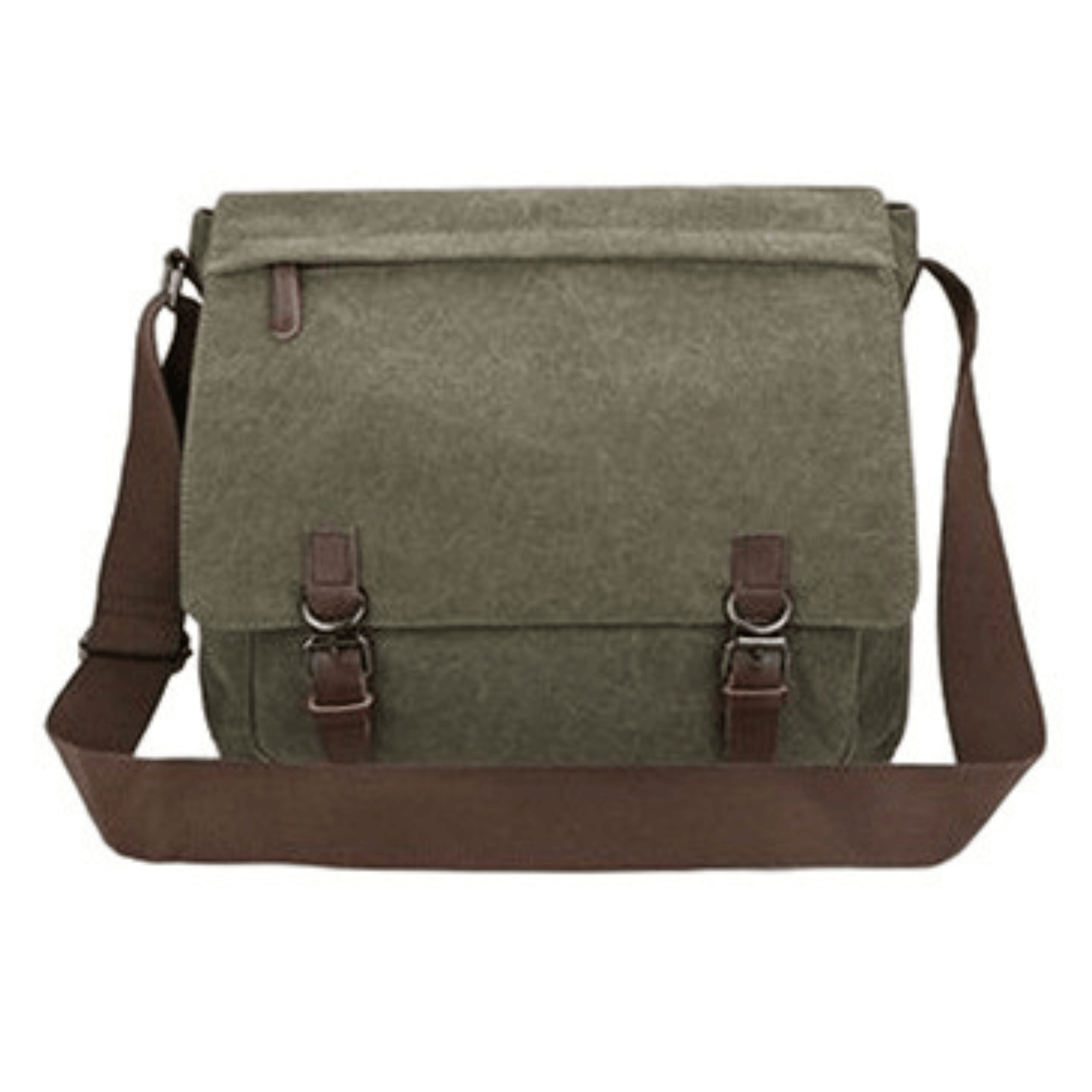 Large 13 inch Canvas Cross Body Messenger Satchel in olive green with brown straps and buckles.