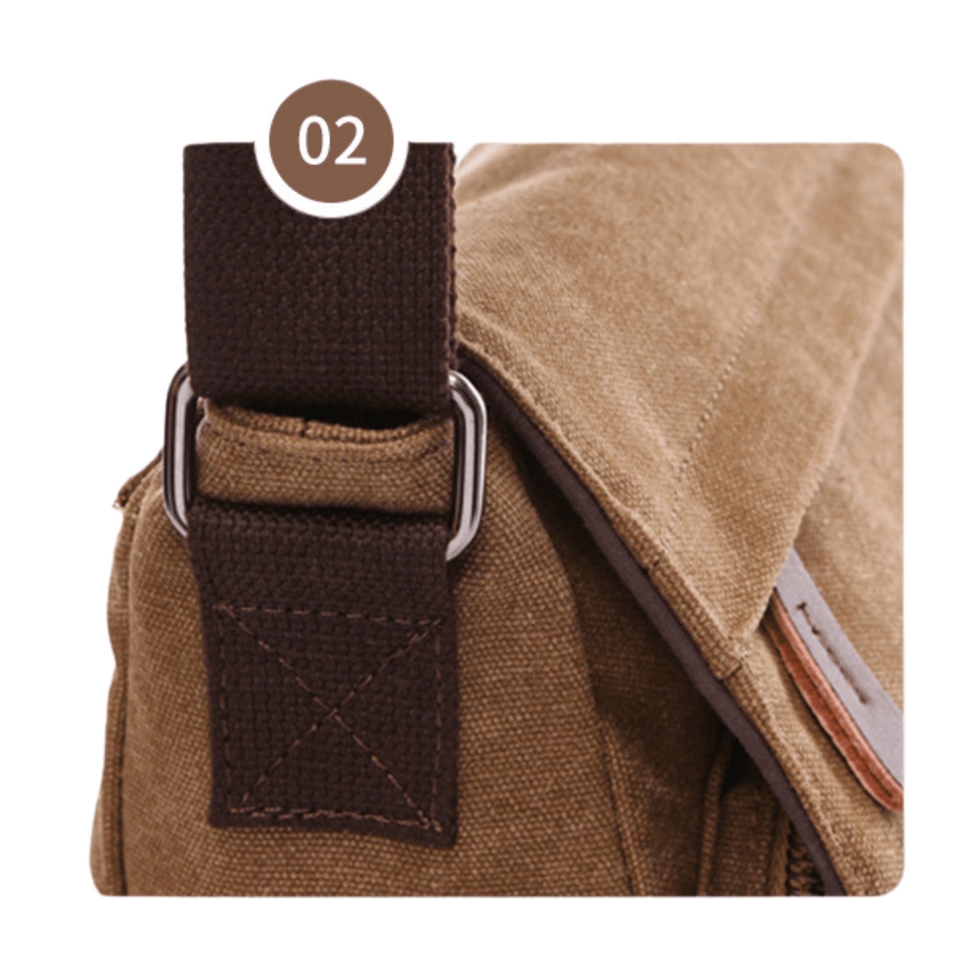 Close-up of adjustable strap and buckle on a canvas crossbody messenger bag, showcasing durability and style.