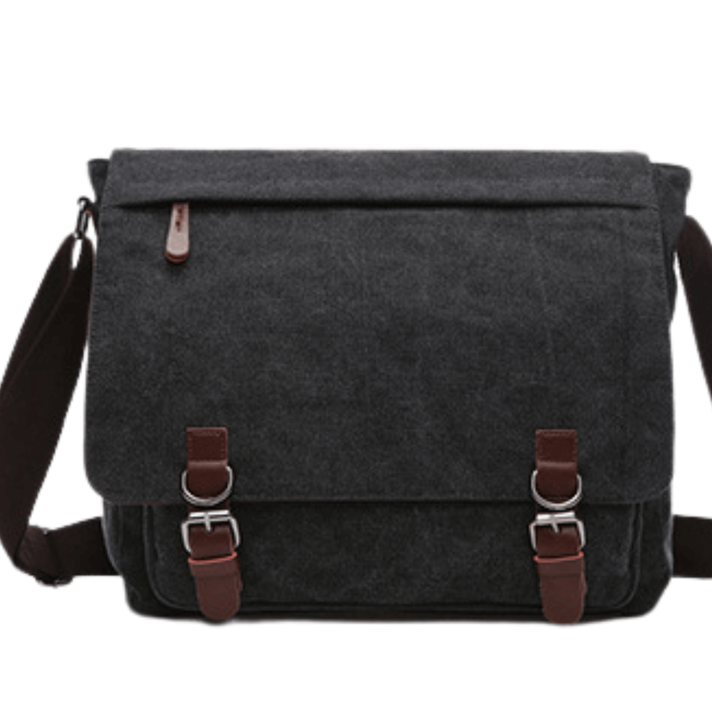 Large canvas cross body messenger satchel bag in dark gray with adjustable straps and buckles.
