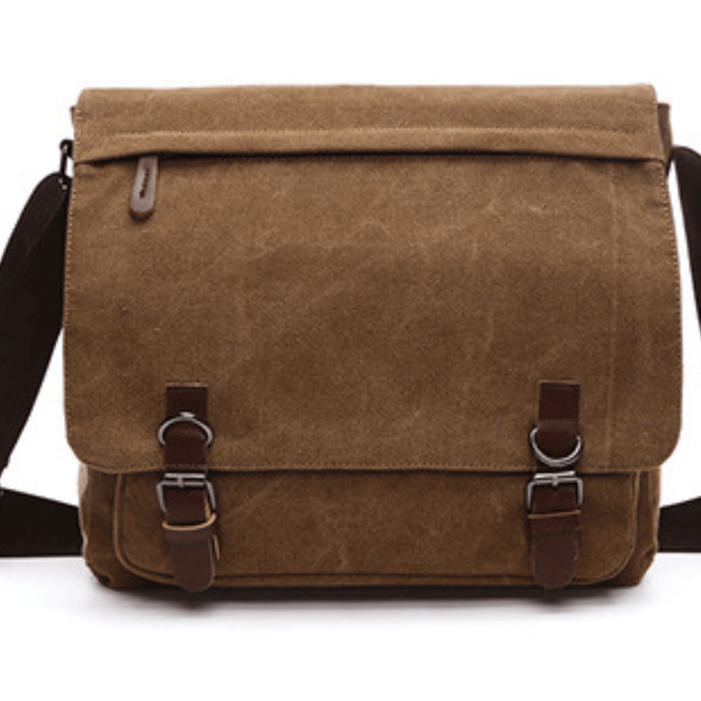 Brown canvas messenger satchel with leather straps and adjustable shoulder strap, ideal for travel and daily use.