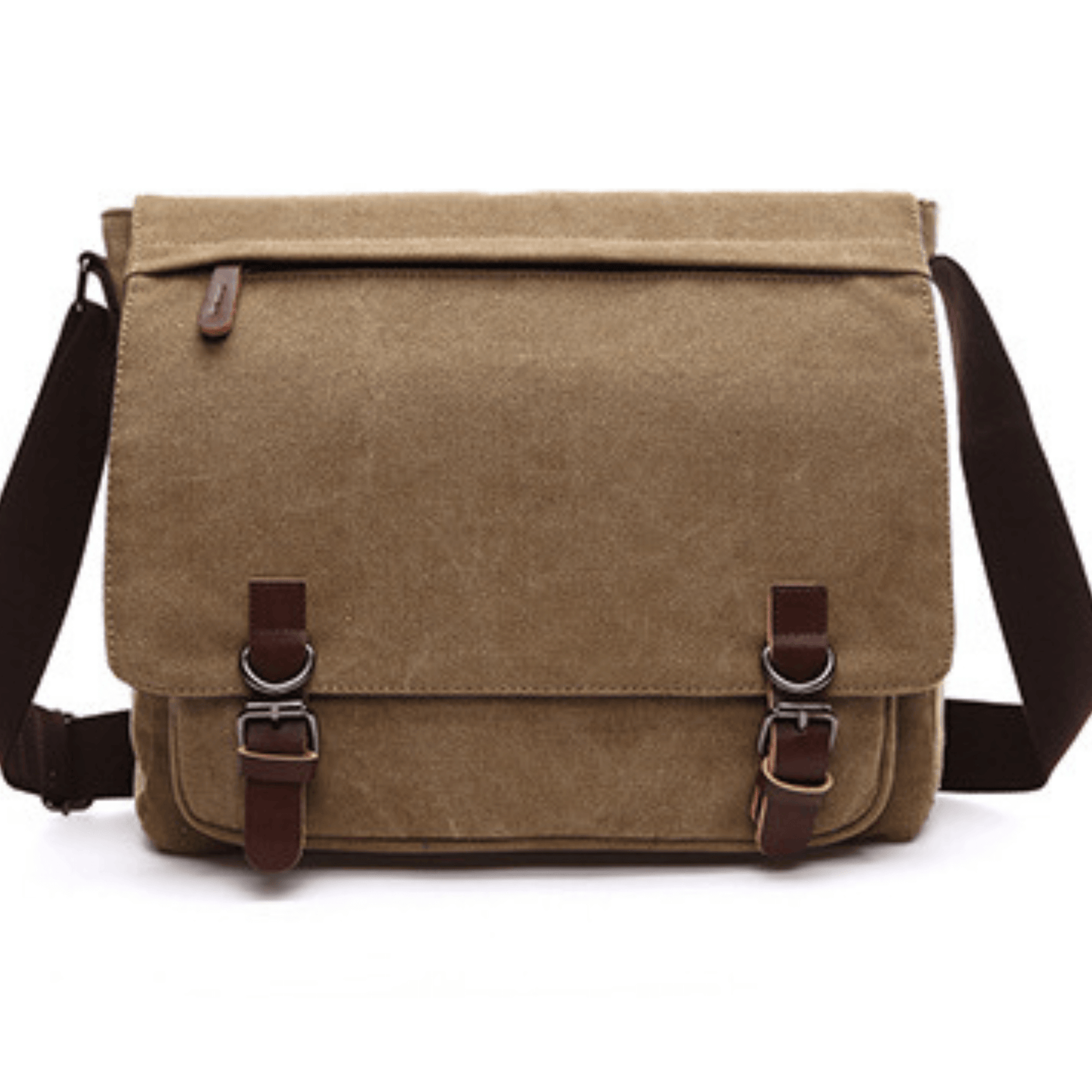 Large canvas cross body messenger satchel bag in khaki with brown buckles and adjustable strap.