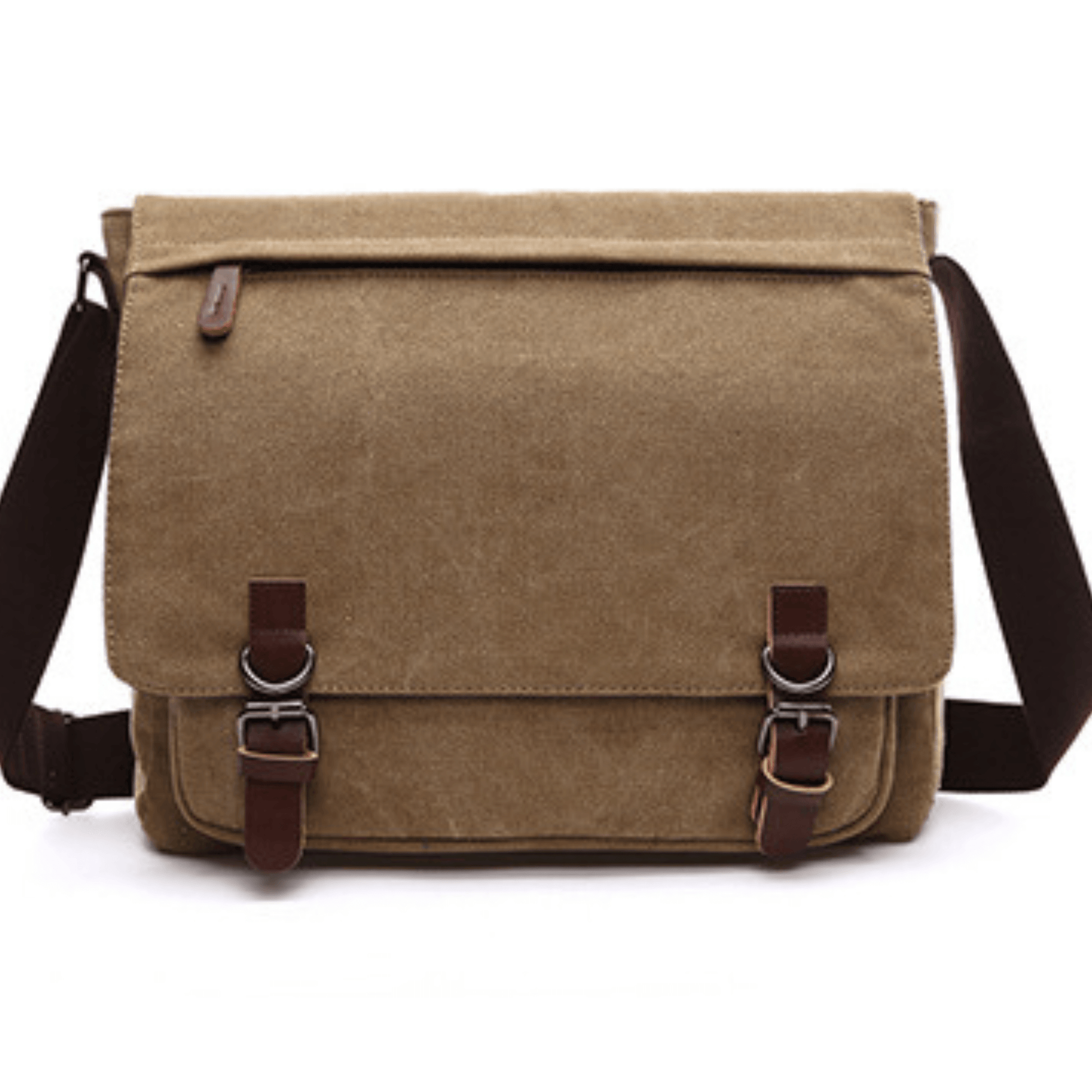 Large canvas cross body messenger satchel bag in khaki with brown buckles and adjustable strap.