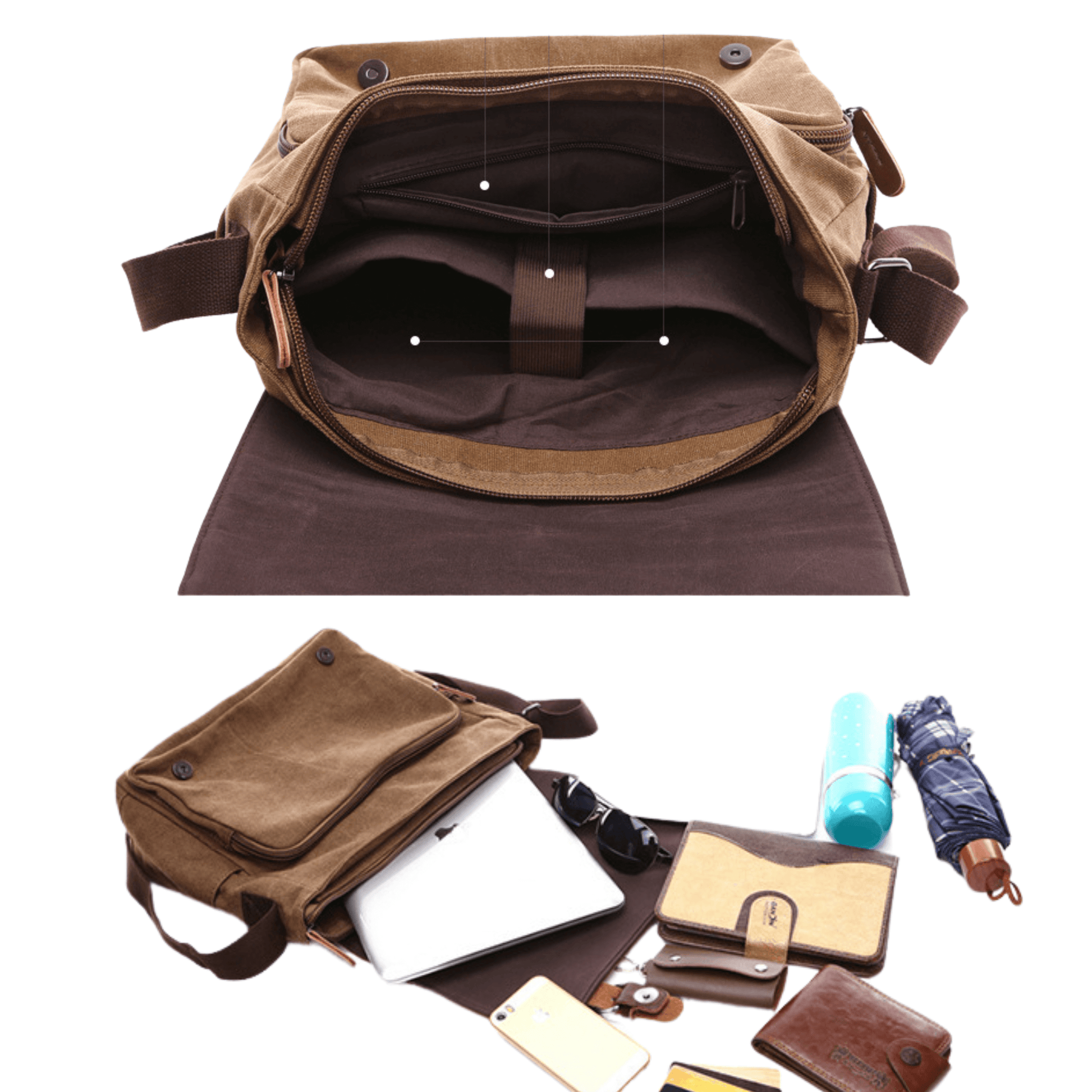 Interior view of large canvas messenger satchel featuring compartments for laptop, pens, and personal items.
