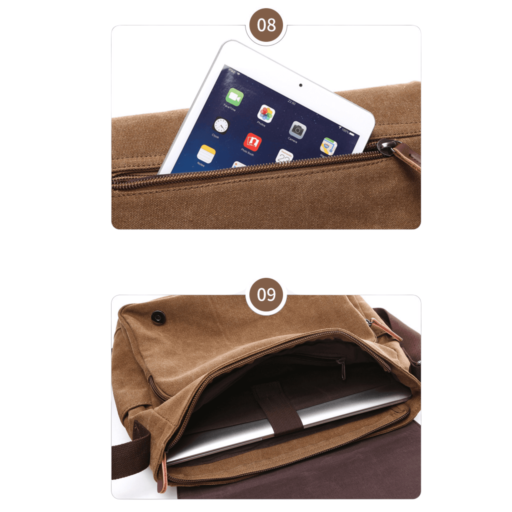 Canvas messenger bag with tablet in front pocket and laptop compartment visible inside.
