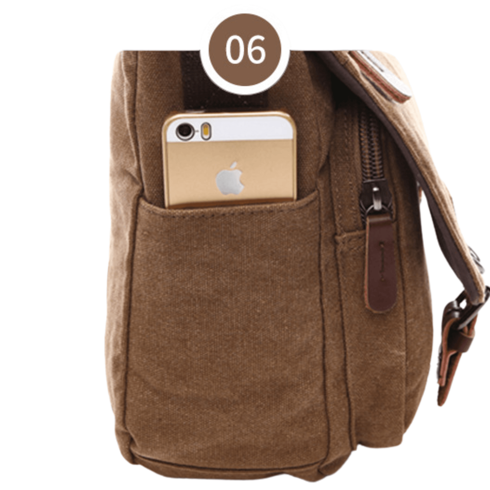 Canvas messenger bag side pocket with smartphone, showcasing the bag's convenient design for travel.