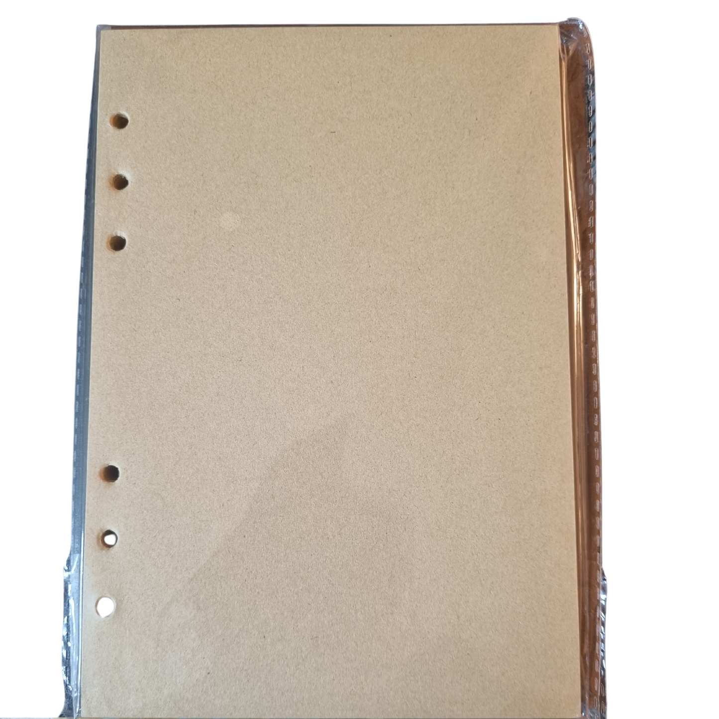 Blank pages of a travel journal diary book, featuring a plastic cover and hole punches for easy binding.