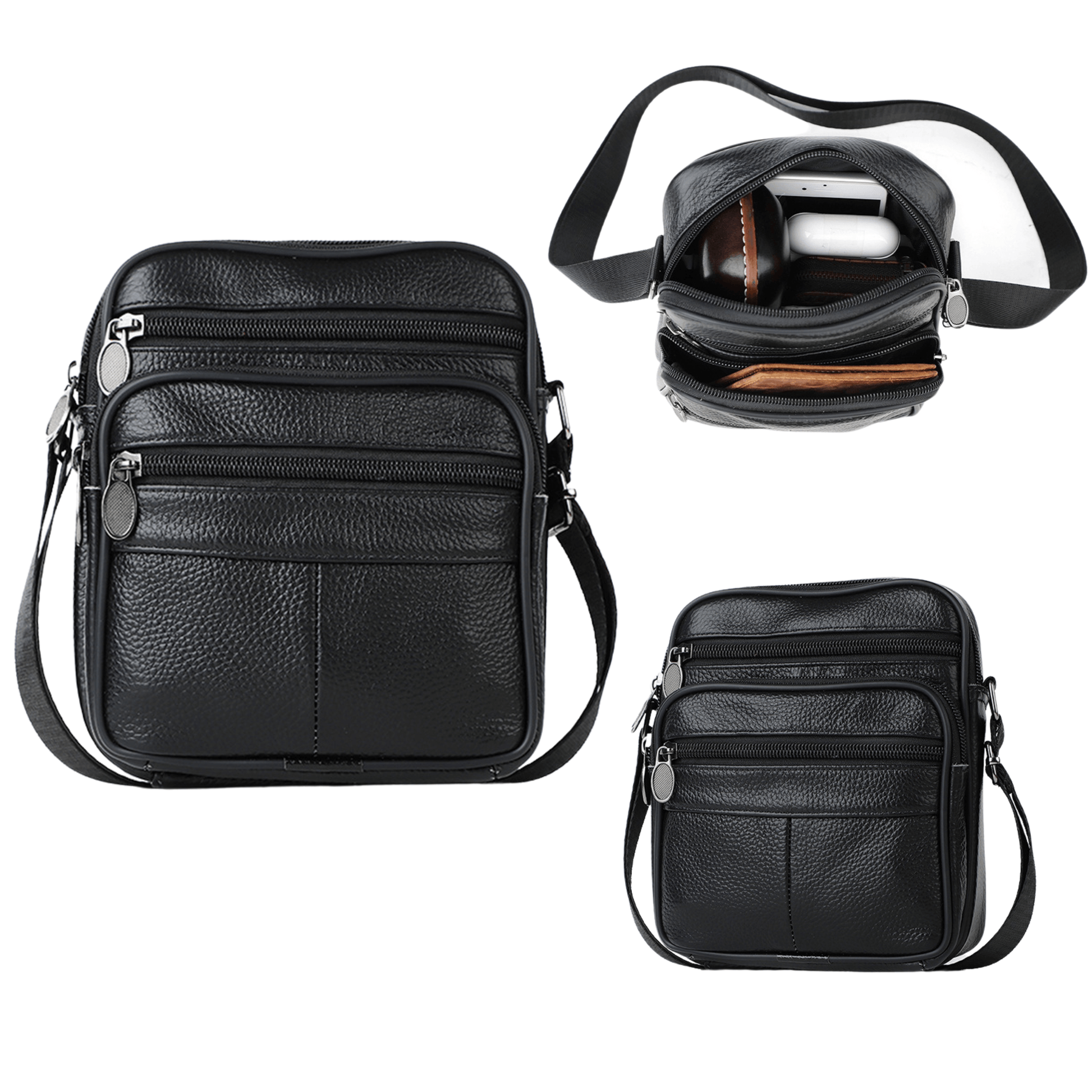 Men's Women's Leather Messenger Bag, Cross Body Shoulder Bag, compact with 5 zippers, in classic black.