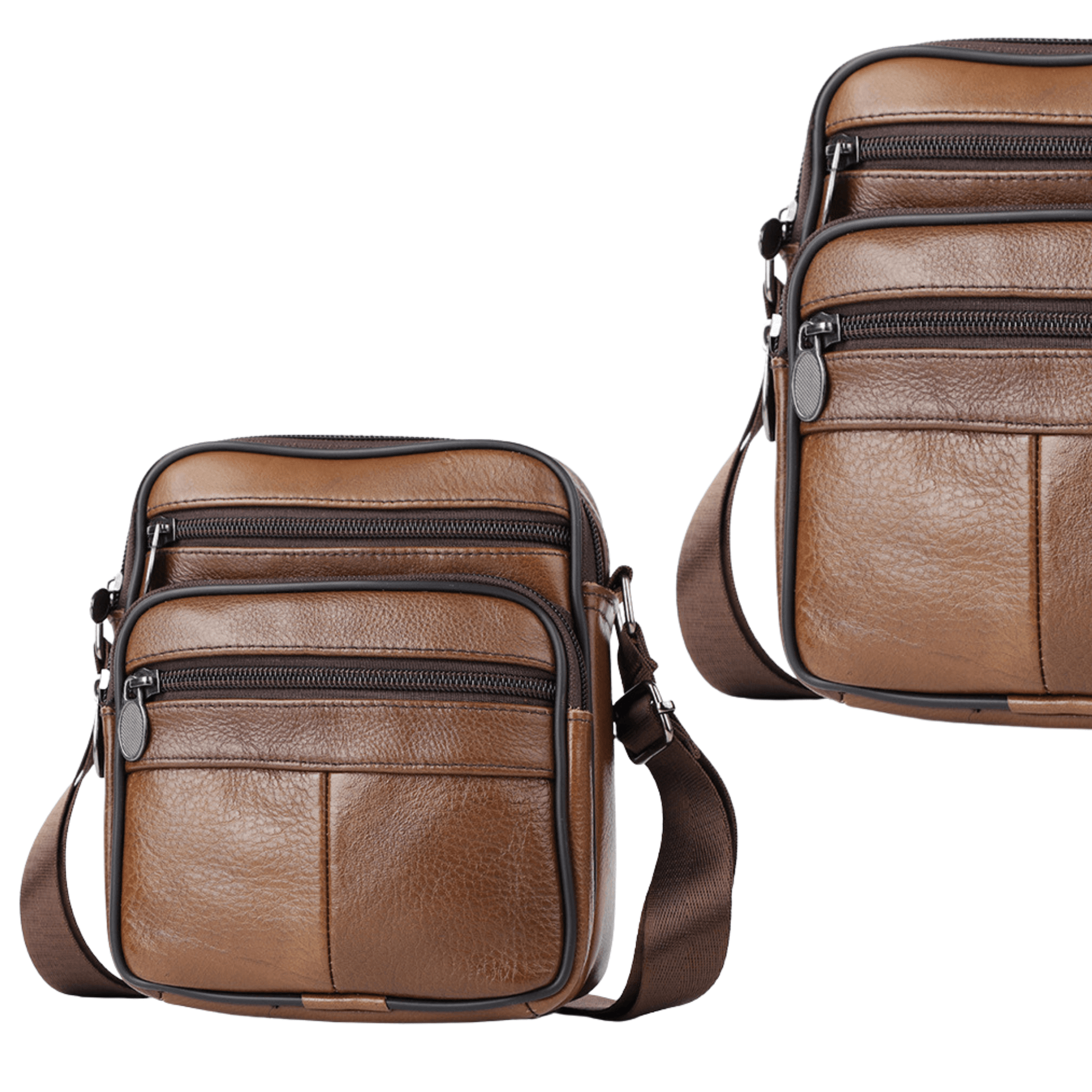 Brown leather cross body messenger bag with multiple zippers for ample storage, ideal for daily use.