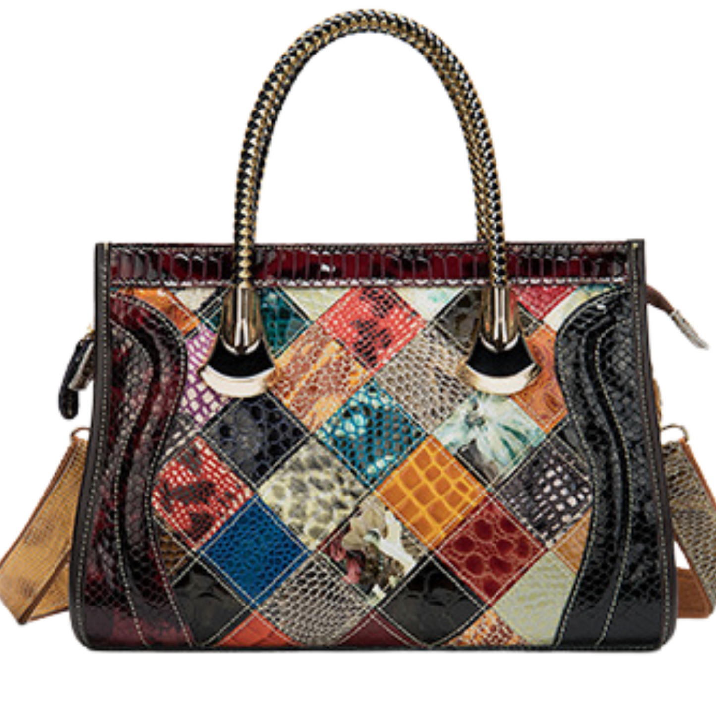 Colorful patchwork designer handbag with dual handles and detachable strap, ideal for stylish outings.