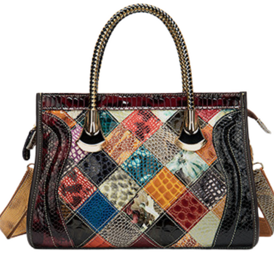 Colorful patchwork designer handbag with dual handles and detachable strap, ideal for stylish outings.