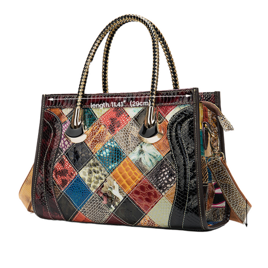 Multi-colored patchwork handbag with stylish handles and a unique design, perfect for adding flair to any outfit.