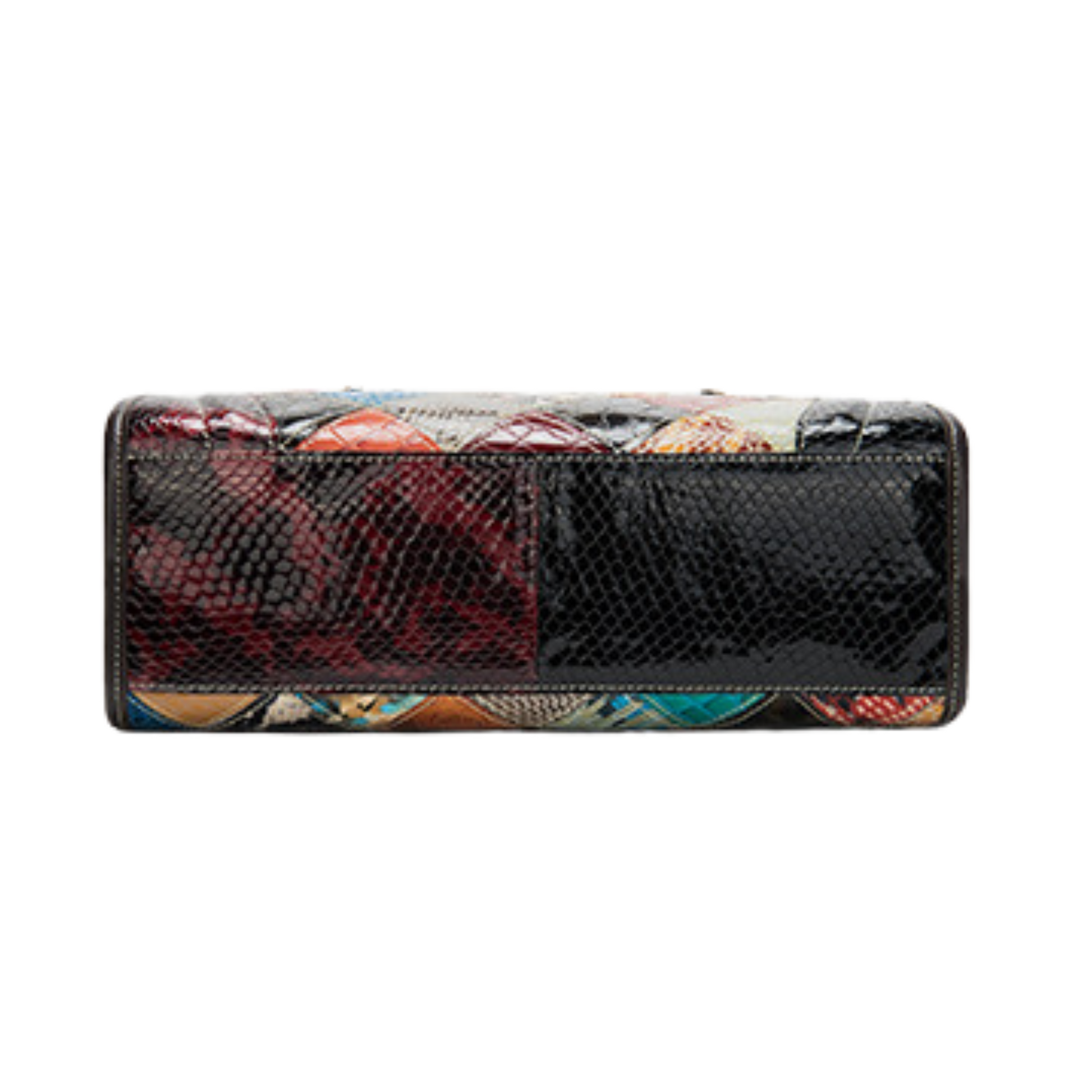 Colorful patchwork genuine leather wallet showcasing textured snake print design.
