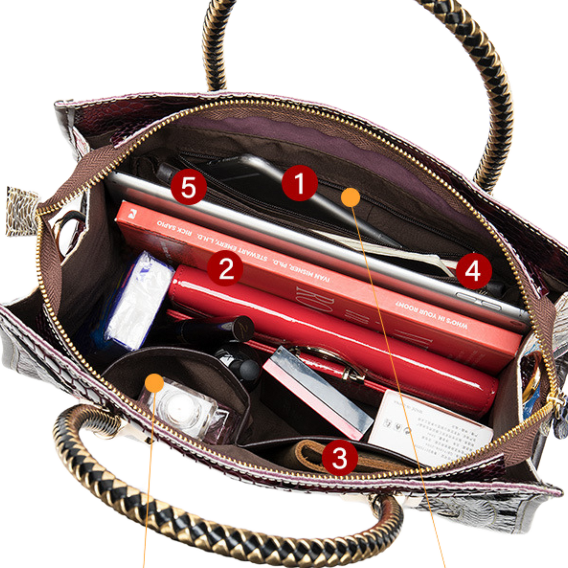 Interior view of a designer handbag showcasing organized items like books, cosmetics, and pens for practical use.
