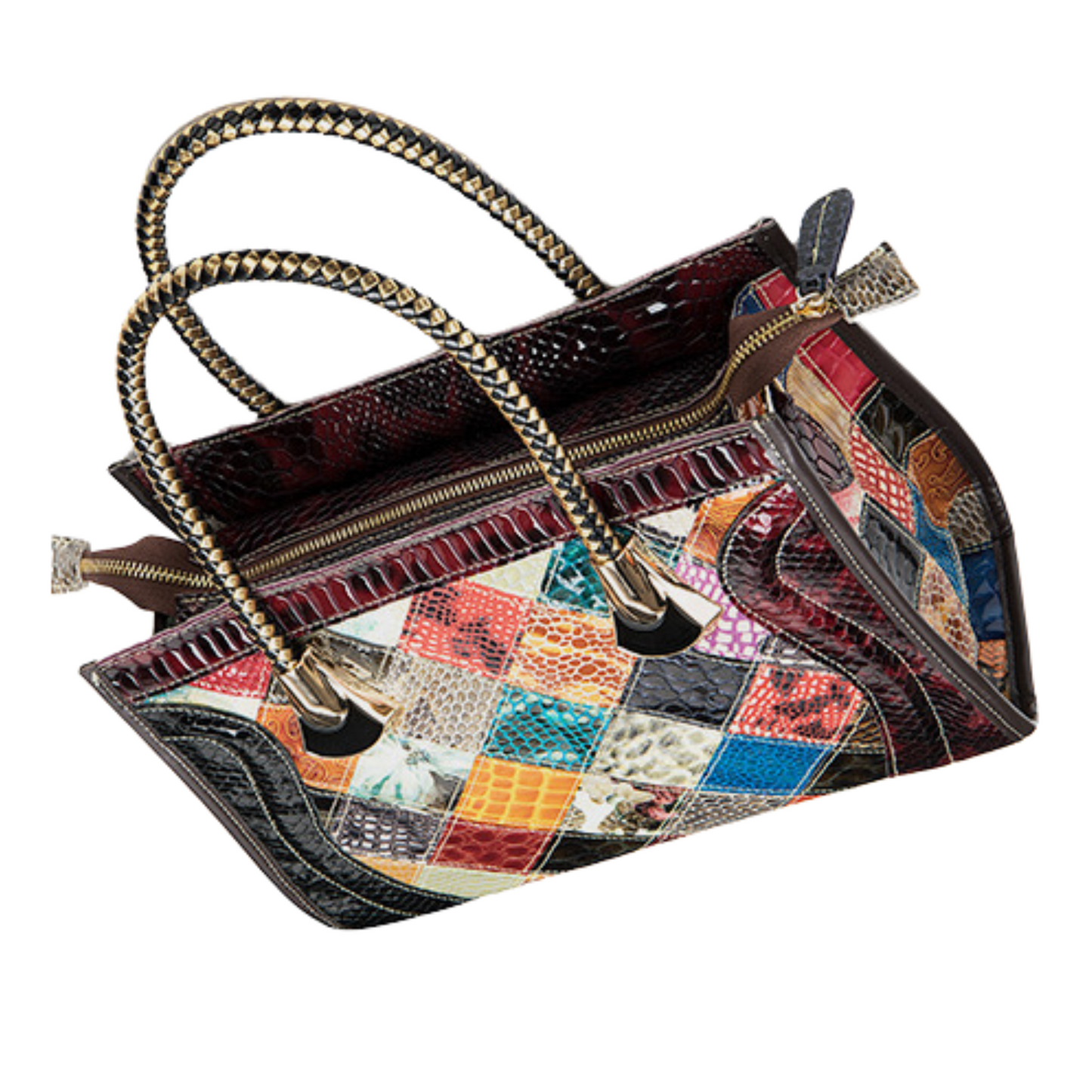 Colorful patchwork leather handbag with braided handles and zipper closure, showcasing a unique vintage design.