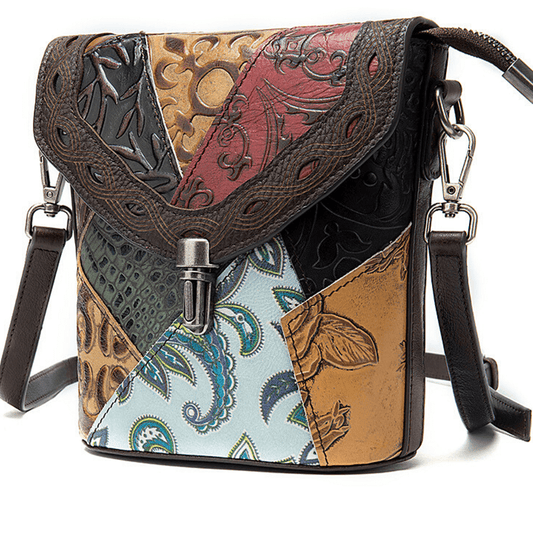 Stylish multi-coloured full grain genuine leather shoulder purse with intricate patterns and crossbody strap.