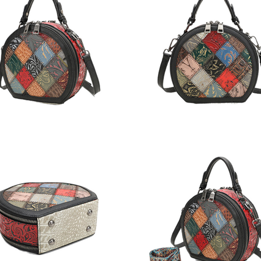 Women's full grain leather round crossbody handbag with colorful patchwork design and adjustable shoulder strap.