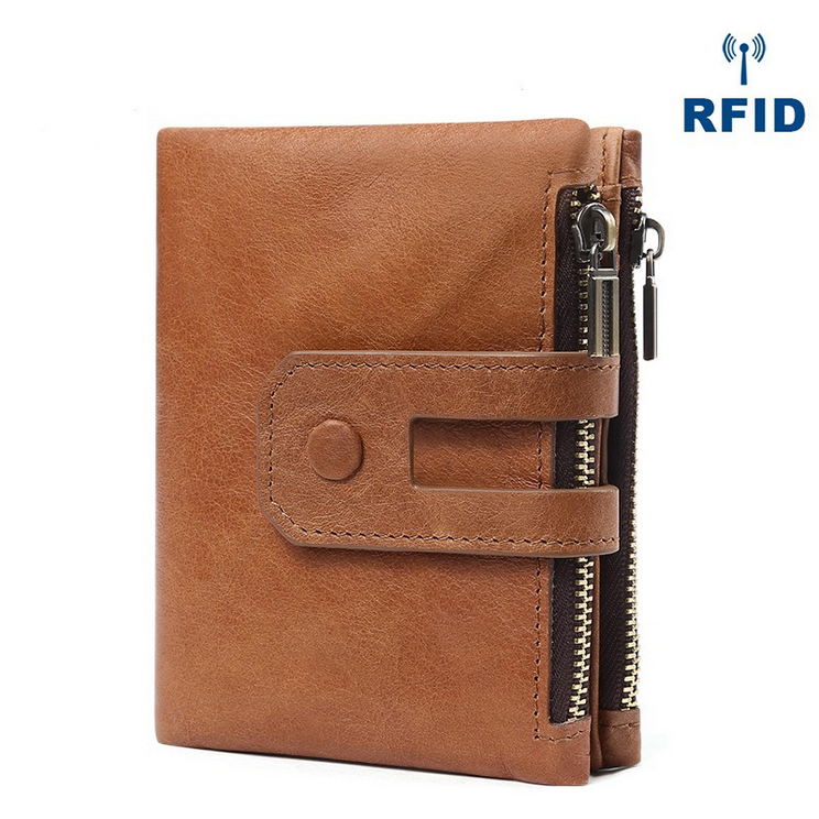 Men's brown genuine leather wallet with RFID protection and zip closure for secure on-the-go storage.