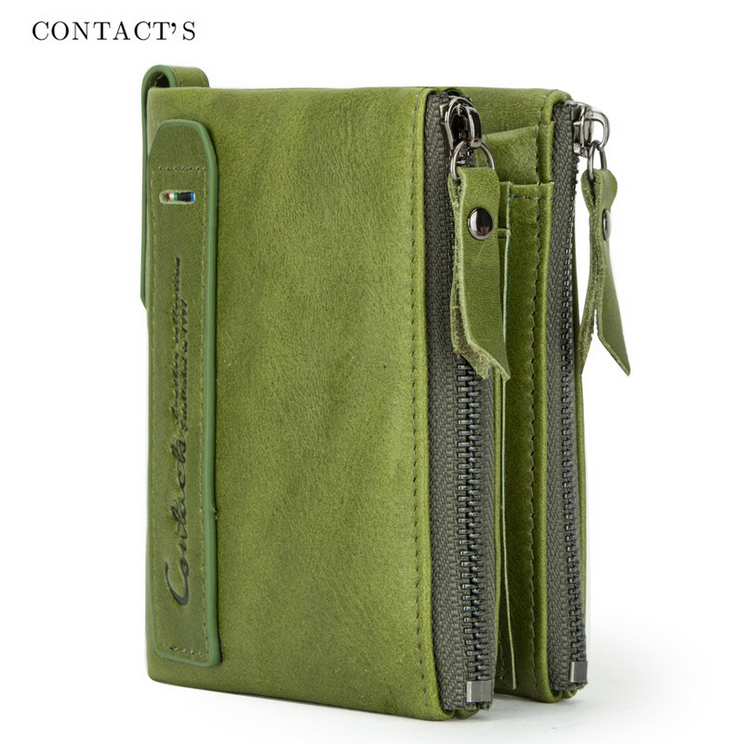 Top Grain Leather Wallet Clutch in vibrant green, featuring multiple zippers and card slots for organization.