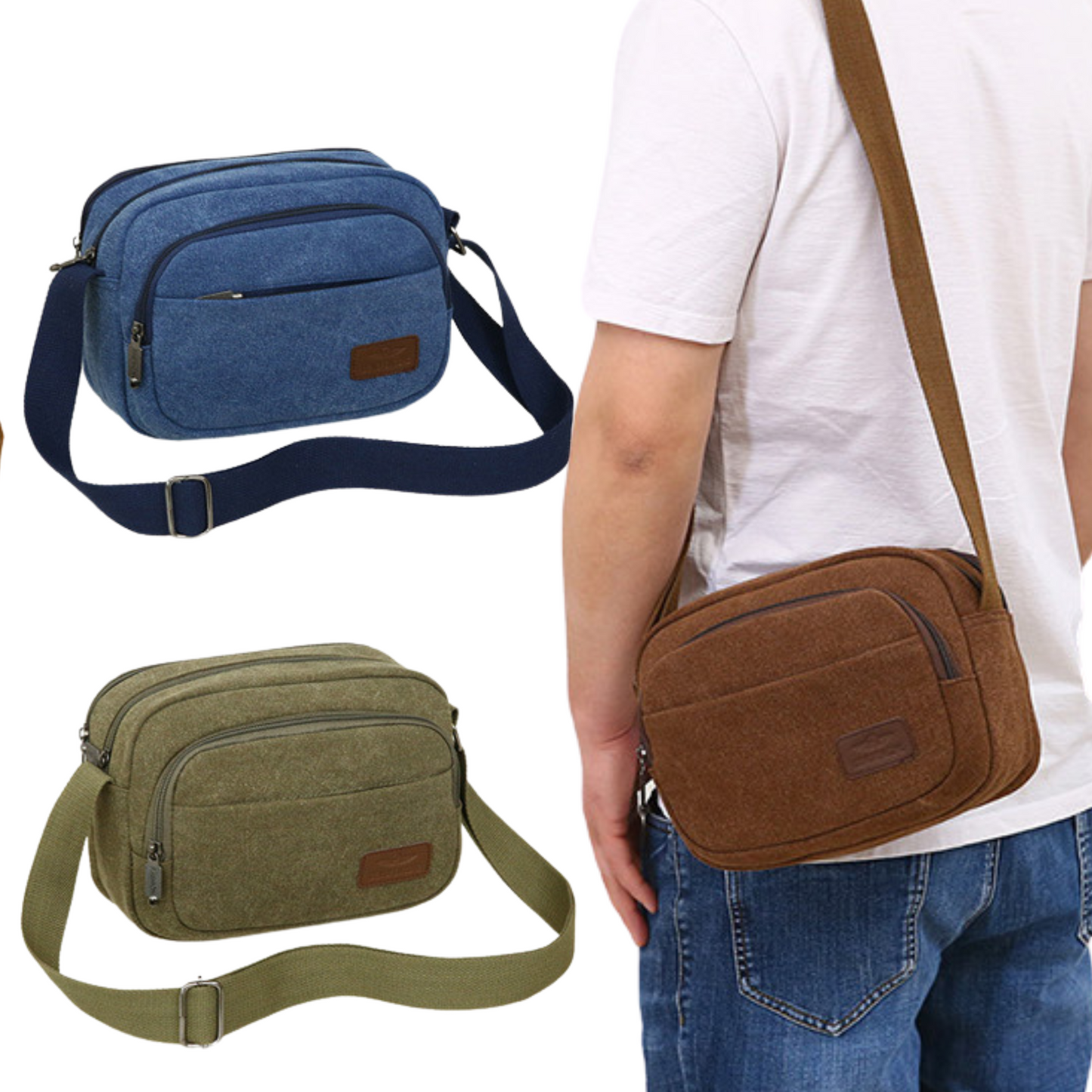 Small men's women's canvas cross body bags with 5 zippers in blue, brown, and green, ideal for stylish organization.