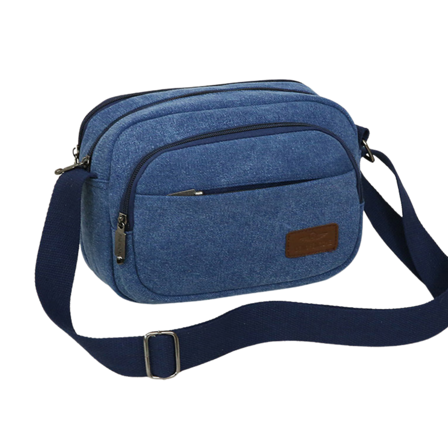 Small Men's Women's 5 Zipper Canvas Satchel Cross Body Bag in blue, perfect for stylish organization on the go.