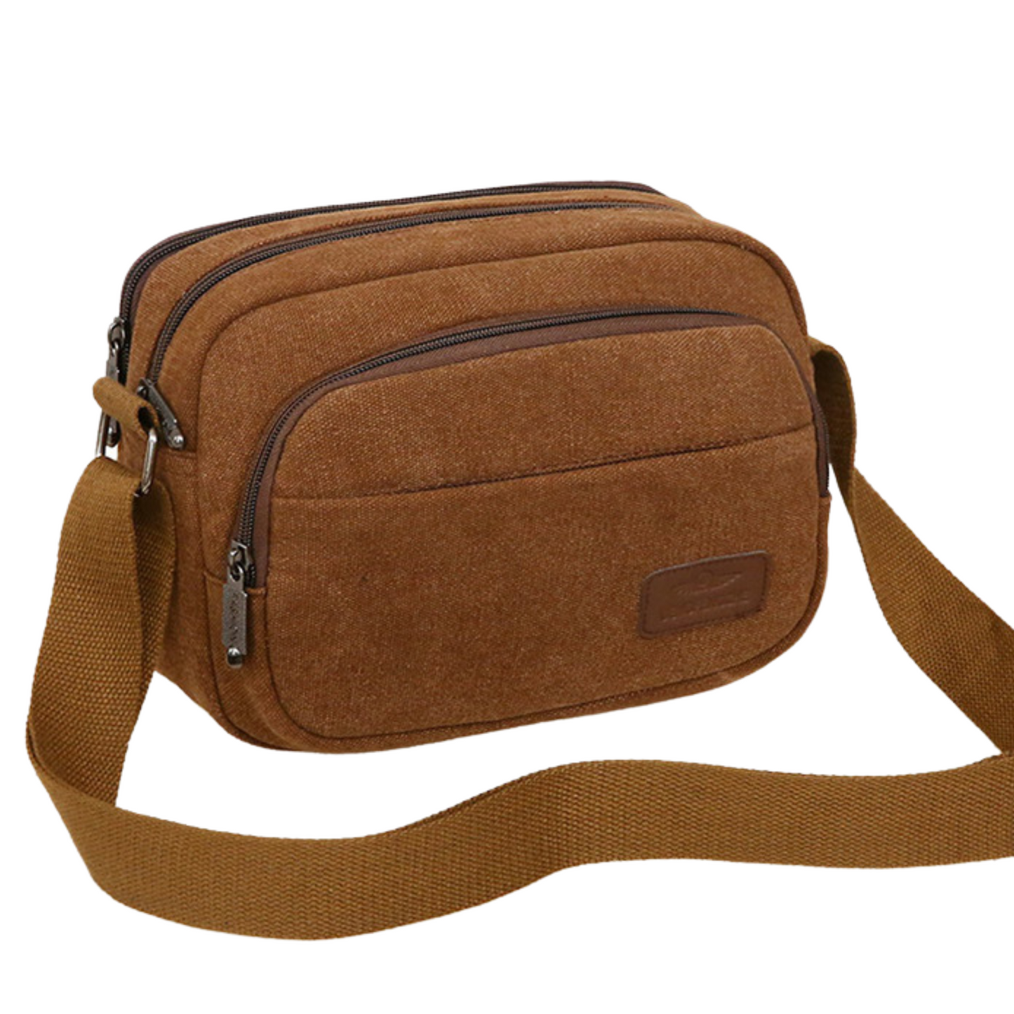 Small men's women's cross body bag with 5 zippers in brown canvas; adjustable shoulder strap for easy carrying.