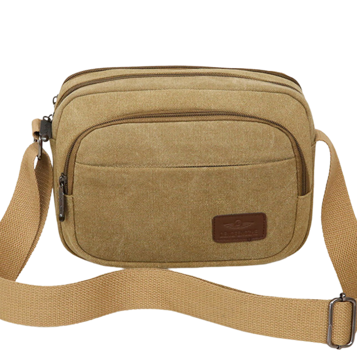 Small men's women's canvas satchel cross body bag with 5 zippers, adjustable strap, in brown color.