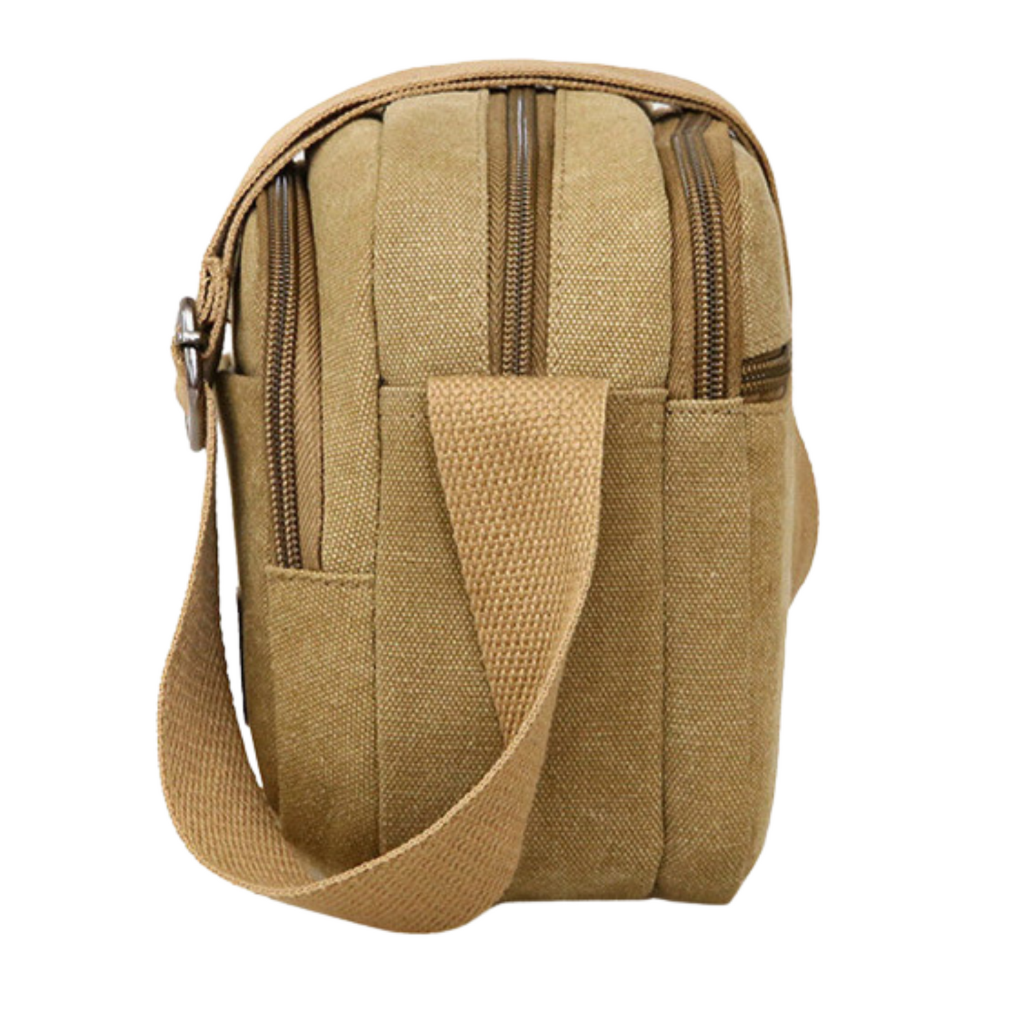 Small men's women's canvas cross body bag with 5 zippers and adjustable strap in khaki color.