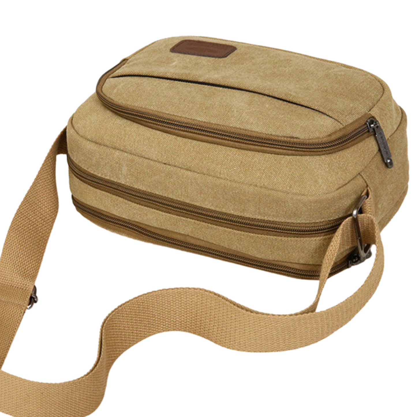 Small men's women's 5 zipper canvas satchel cross body bag in khaki color with adjustable strap.