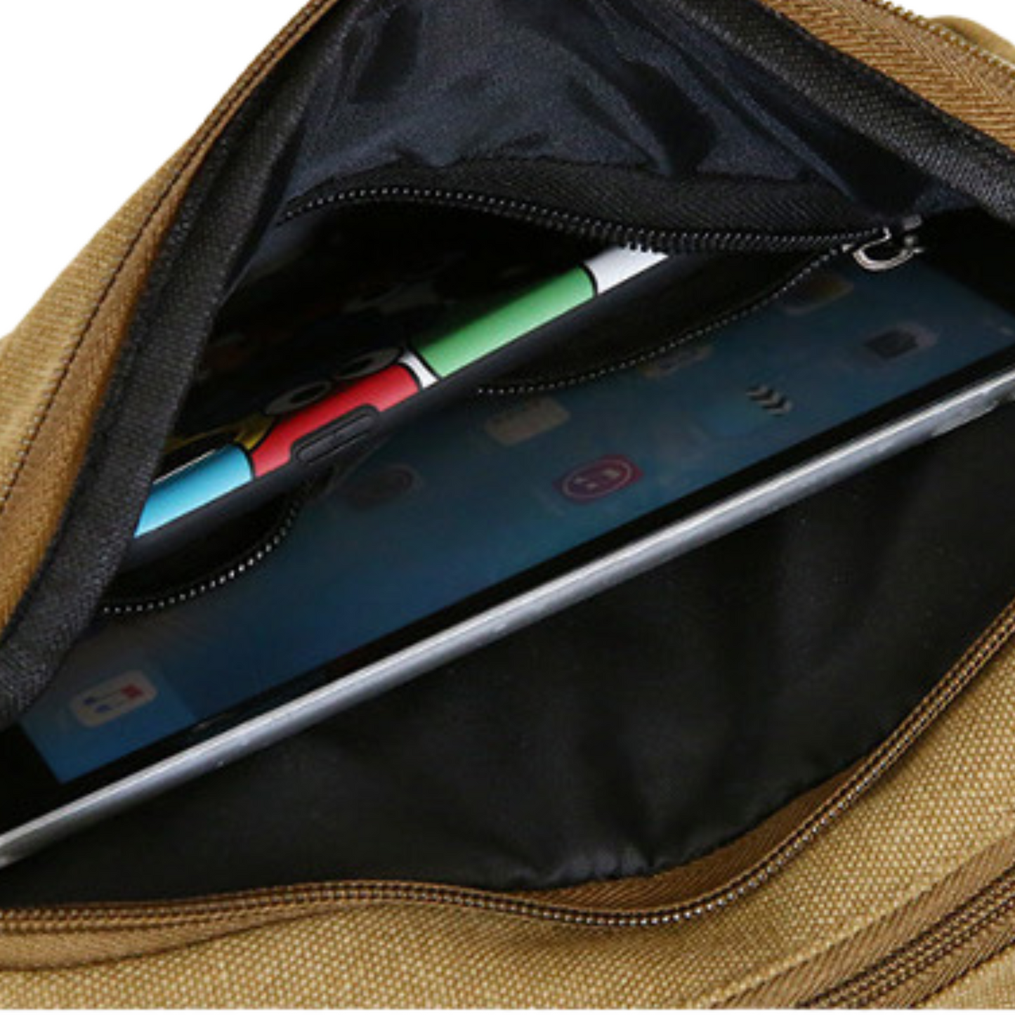 Interior view of Small Men's Women's 5 Zipper Canvas Satchel showing an iPad and pens in organized compartments.